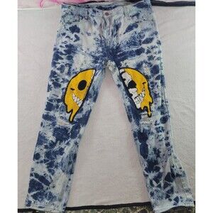 Shein Men's Tie Dye Cartoon Graphic Patched Jeans Blue Distressed Size 40